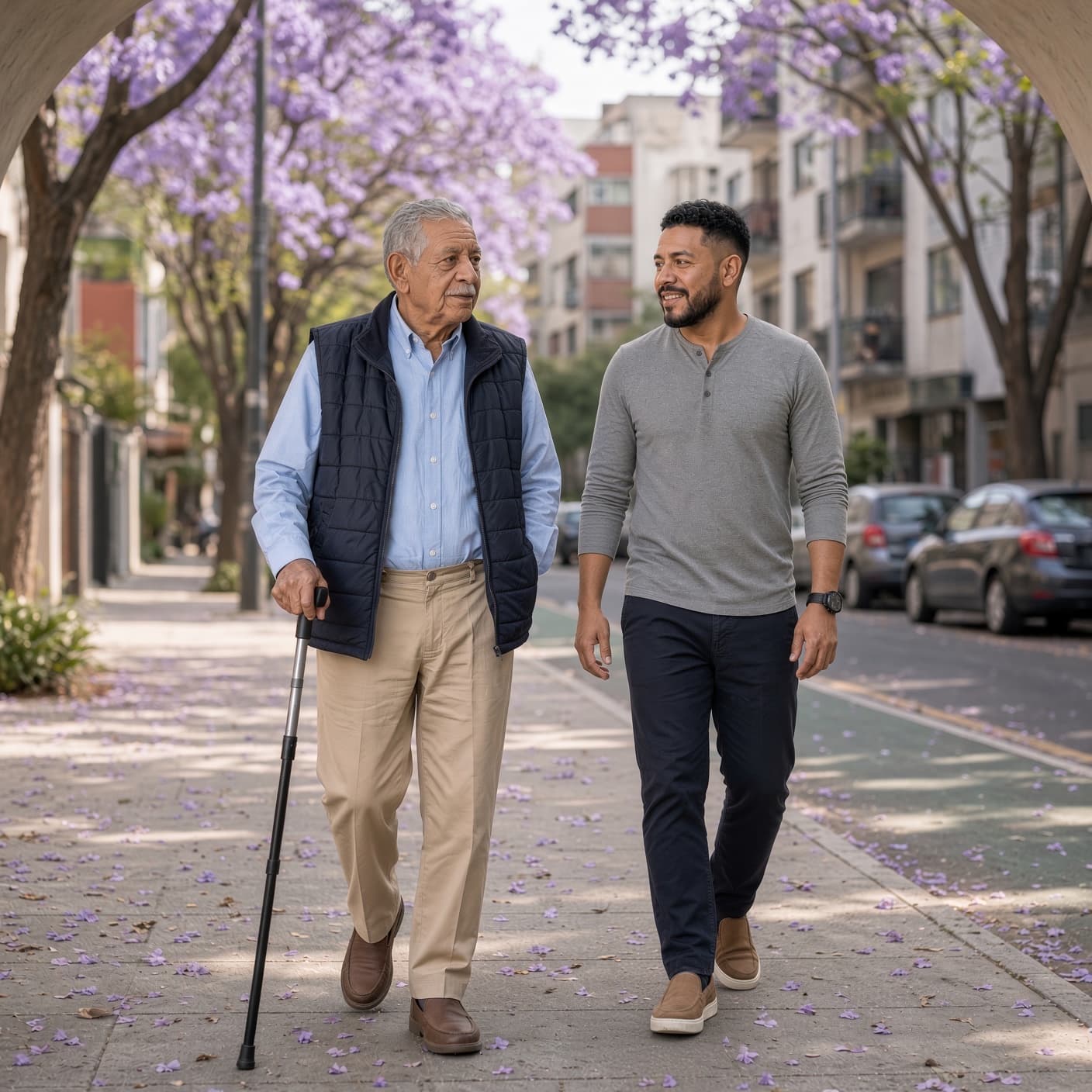 Un señor mayor con bastón camina con su cuidador por una calle de la ciudad con jacarandas en flor.